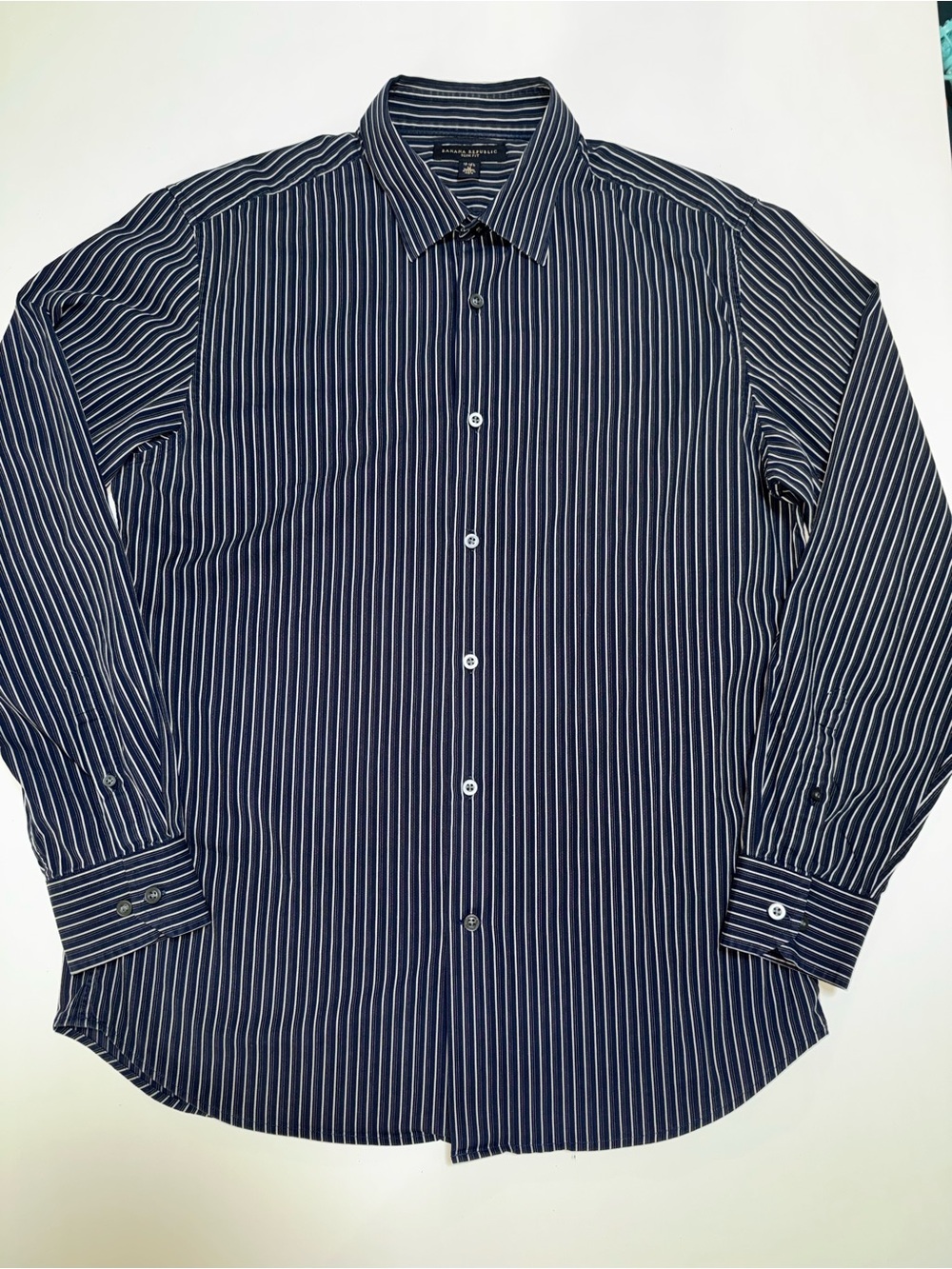 Banana Republic Slim Fit Blue/White Striped Dress Shirt 15-15.5, M Stretch